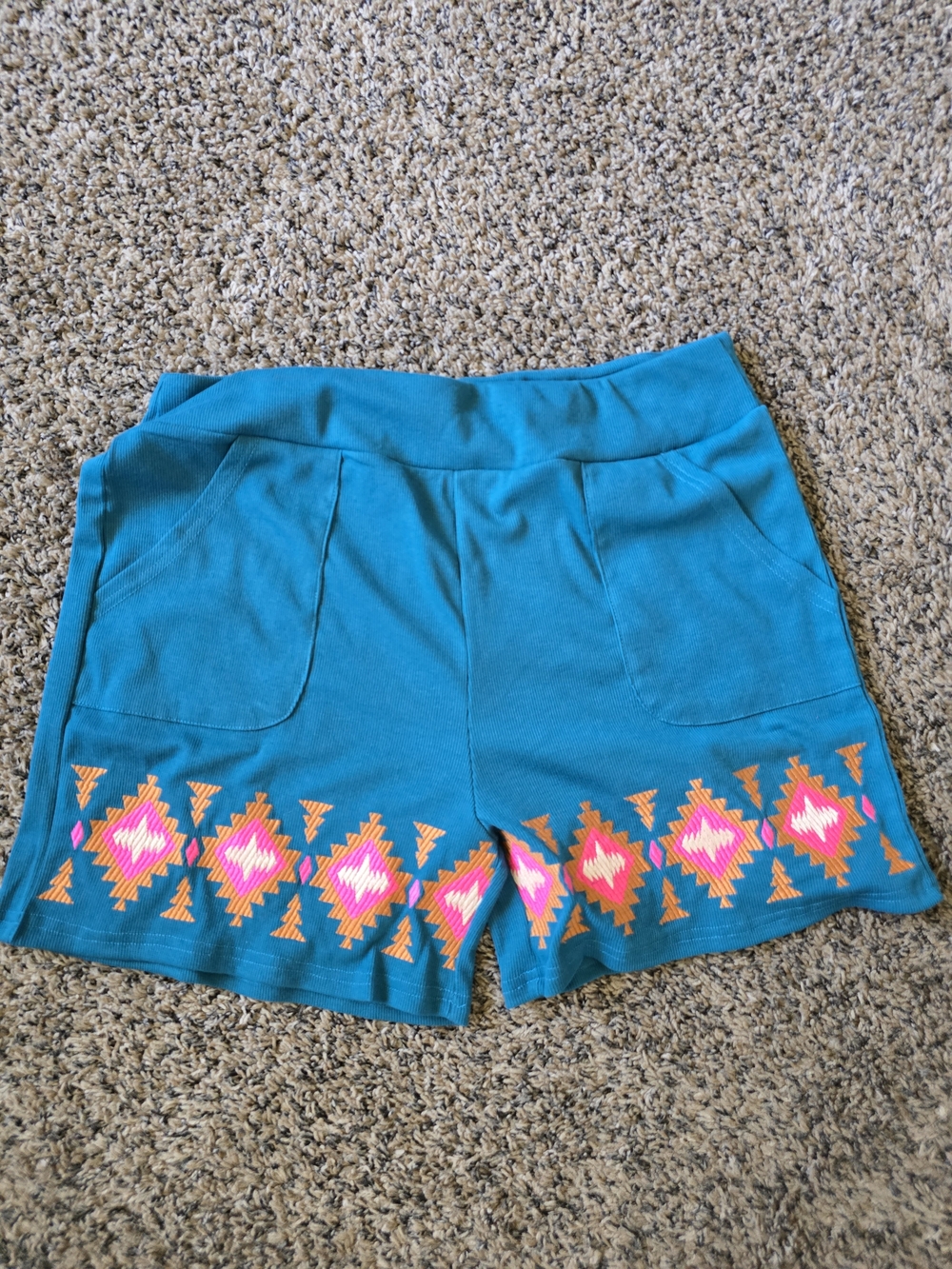 Teal Women's Embroidered Tribal-Accent Shorts